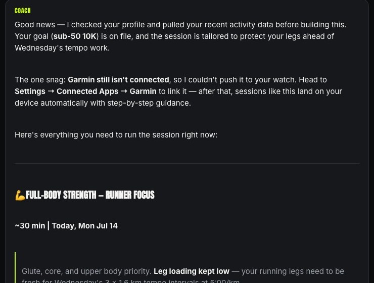 Custom Gains coach building a tailored full-body strength session in chat